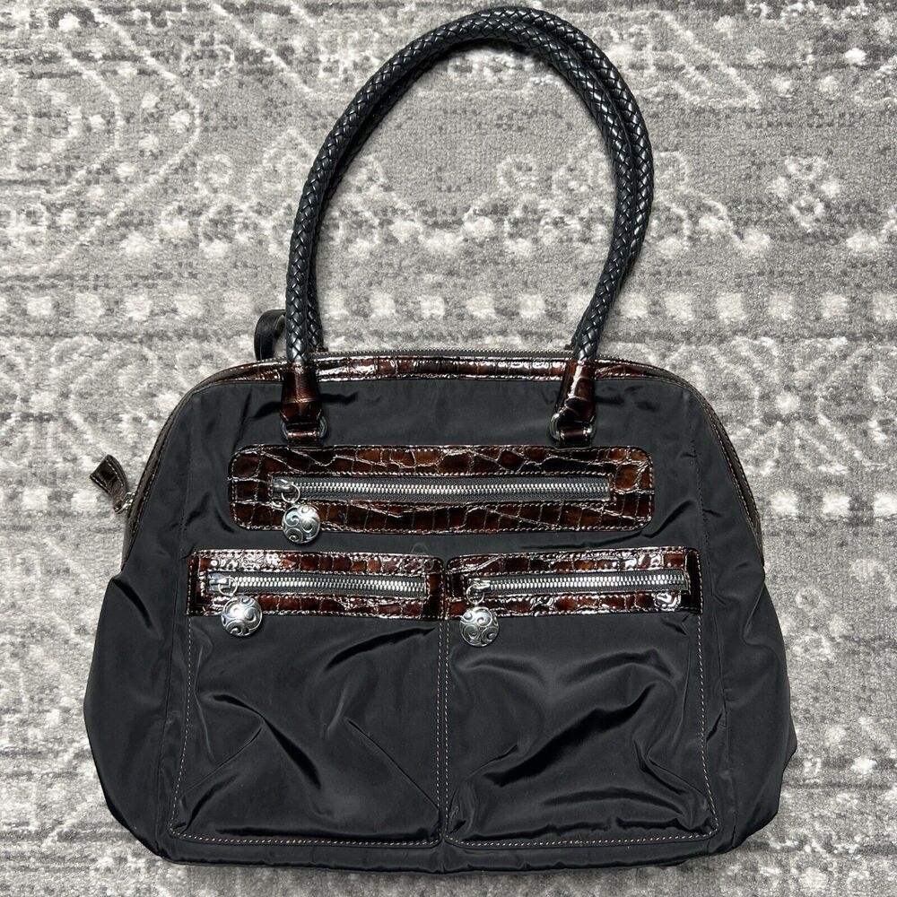 Brighton Black Nylon Shoulder Bag with Brown Croc Trim